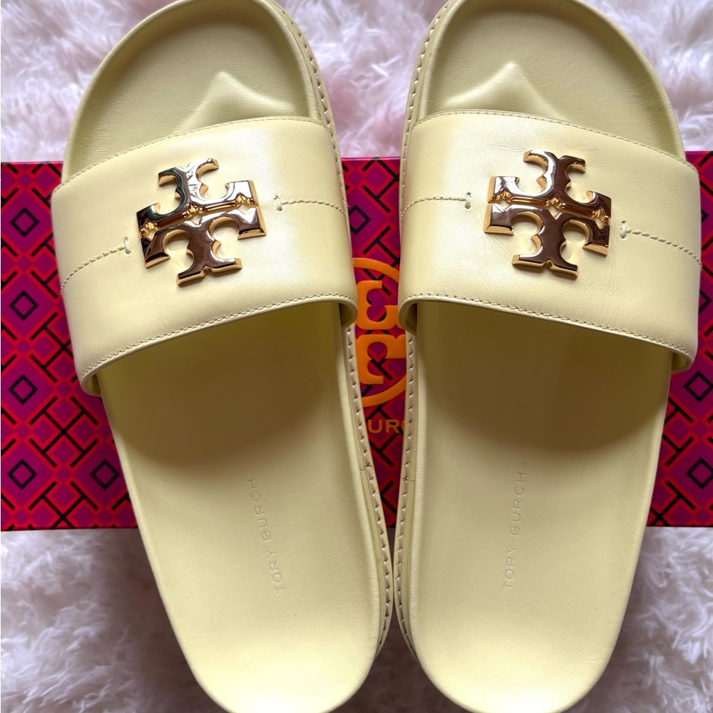 New Tory Burch Everly Nappa Yellow Slide Sandal Espadrille lug, Size 8